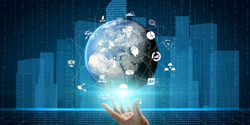 Globe against sity background